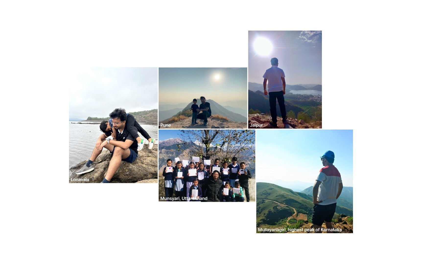 Travel collage: Lonavala, Pune, Jaipur, Munsyari, and Mullayanagiri